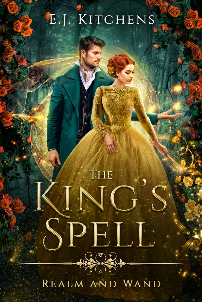 Cover for The King's Spell. Lovely redhead in yellow gown and handsome man in suit. Swirls of magic and roses around them.